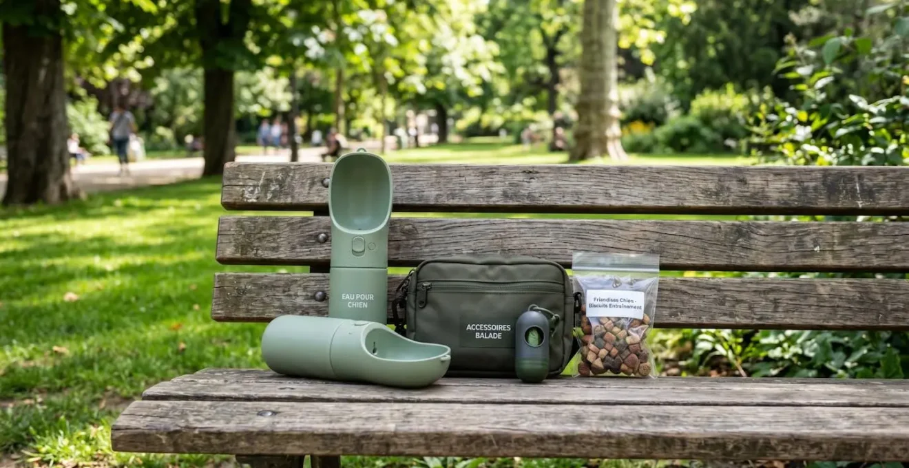 Accessoires de promenade canine disposés sur banc de parc en bois : gourde portable avec gamelle, sac banane multifonction, distributeur sacs à déjections et friandises d'éducation, sur fond de parc urbain français