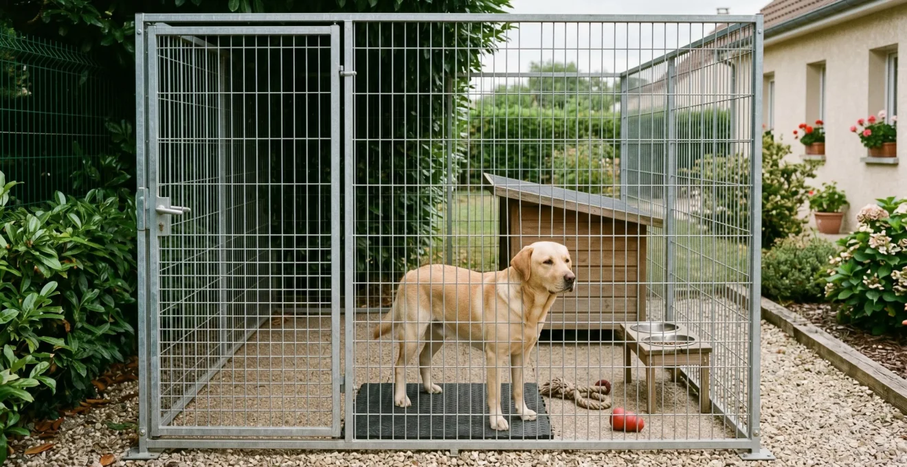 Chien adulte de race moyenne installé dans un chenil extérieur en acier galvanisé aménagé avec niche en bois, gamelles surélevées, tapis de sol et jouets, dans un jardin résidentiel français.