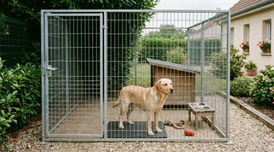 Chien adulte de race moyenne installé dans un chenil extérieur en acier galvanisé aménagé avec niche en bois, gamelles surélevées, tapis de sol et jouets, dans un jardin résidentiel français.