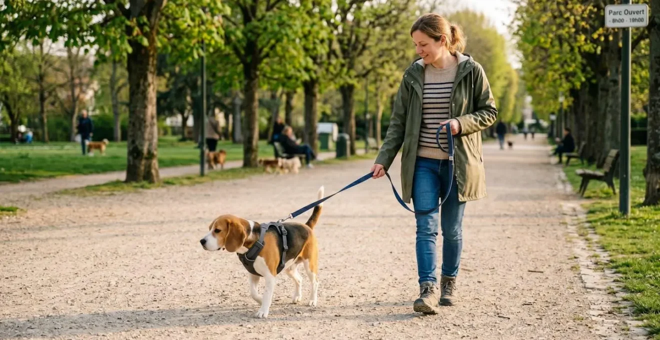 Chien de taille moyenne équipé d'un harnais en Y moderne et d'une laisse de 2 mètres, promené tranquillement par son maître dans un parc municipal français aux allées gravillonnées et pelouses arborées, sous lumière naturelle dorée