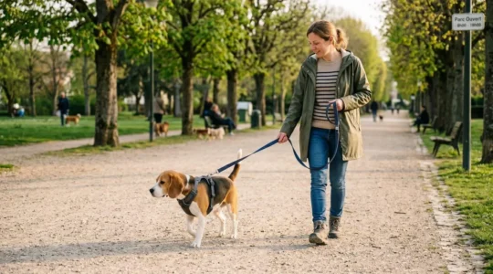 Chien de taille moyenne équipé d'un harnais en Y moderne et d'une laisse de 2 mètres, promené tranquillement par son maître dans un parc municipal français aux allées gravillonnées et pelouses arborées, sous lumière naturelle dorée