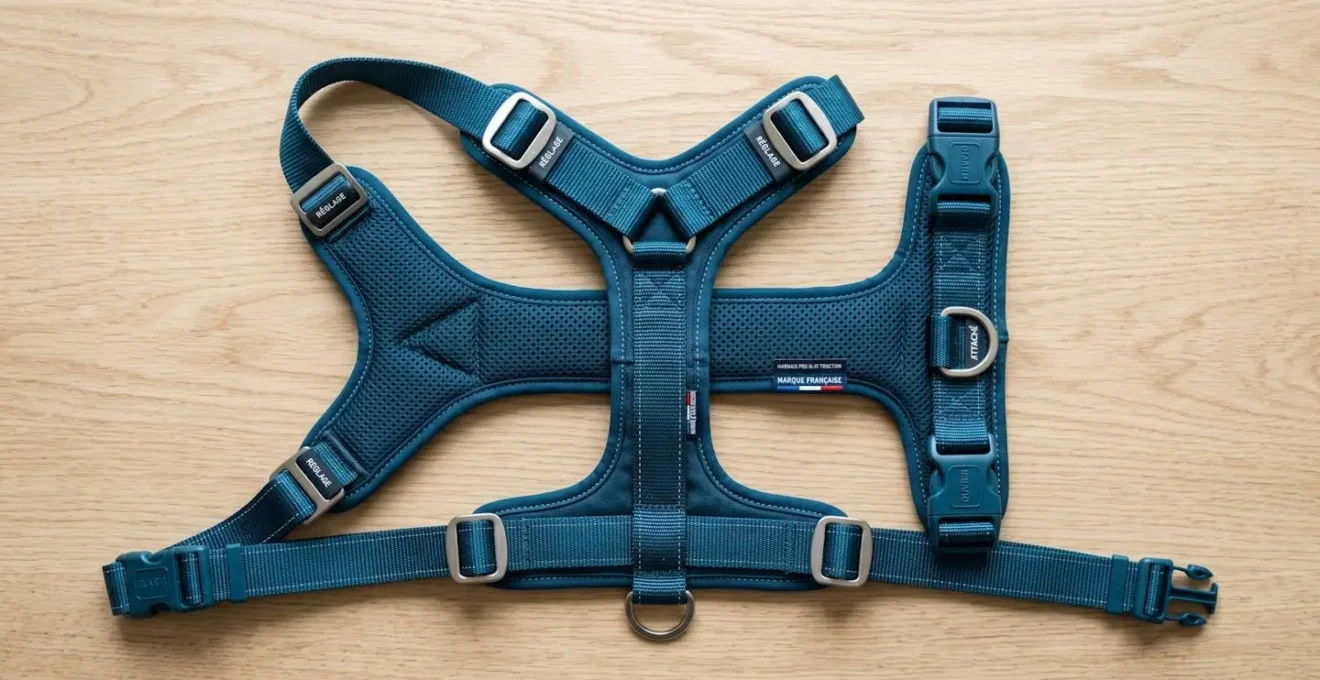 Harnais anti-traction canin en Y de qualité professionnelle en teinte neutre moderne, posé à plat sur surface bois clair, montrant structure des sangles, points d'ajustement et anneau d'attache dorsal