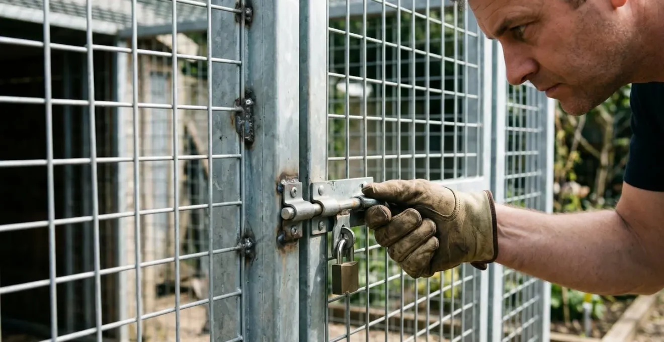 Main gantée d'un adulte testant le système de verrouillage d'un portillon de chenil en acier galvanisé, gros plan sur la maille métallique et les fixations sécurisées.
