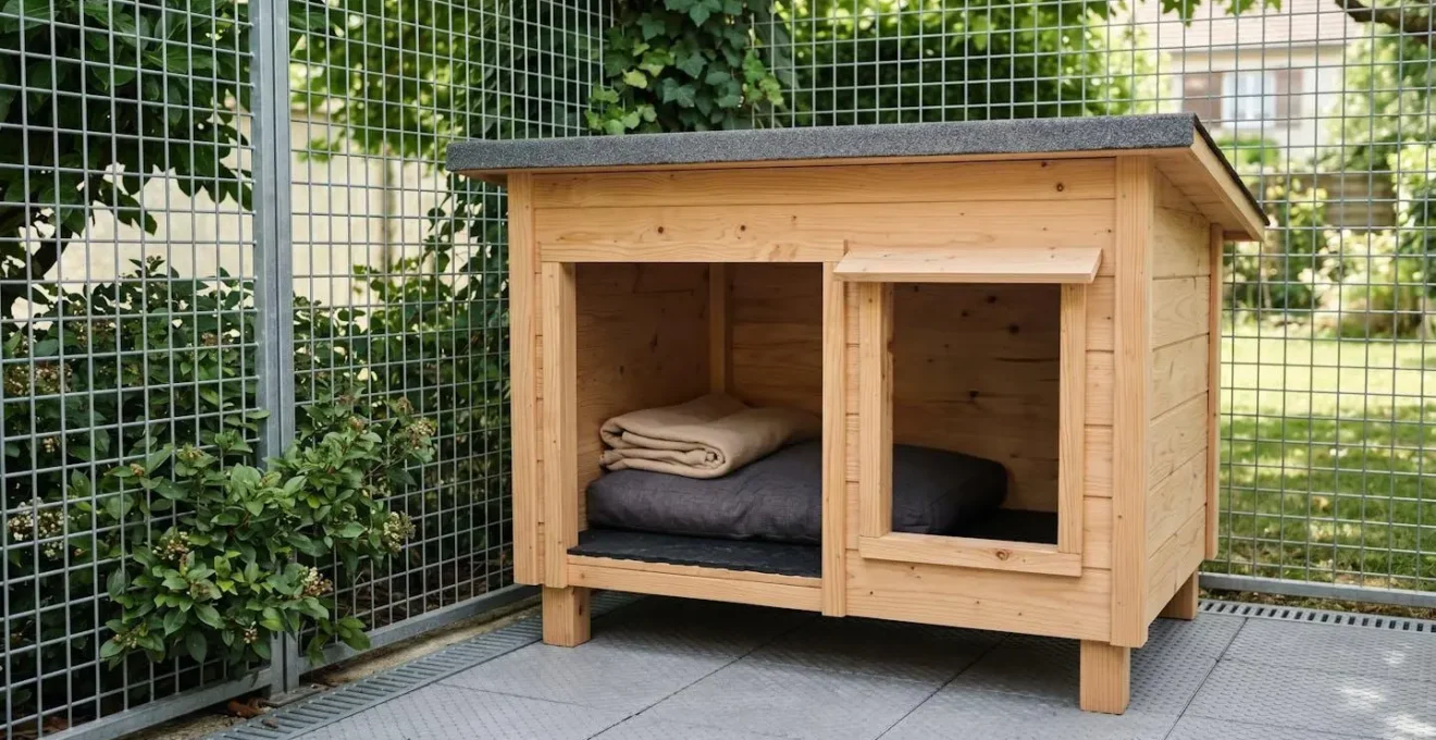 Niche en bois surélevée avec toit incliné, installée dans un coin ombragé d'un chenil, intérieur aménagé avec coussin épais, couverture et tapis isolant.